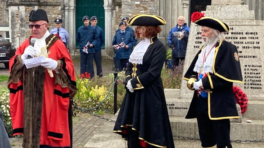 Honiton Mayor Tony McCollum opening Charter Day 2024 with Caroline Kolek (Deputy Town Crier) and Dave Retter (Town Crier).