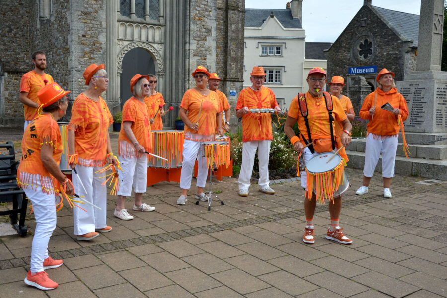 Sunshine Samba performing outside St Paul's Church on Honiton Market Charter Day 2025